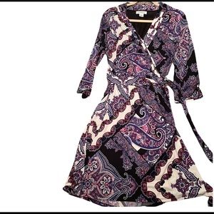 Liz Claiborne 3/4 Sleeve Faux Wrap Dress Small Paisley Print Black White Purple